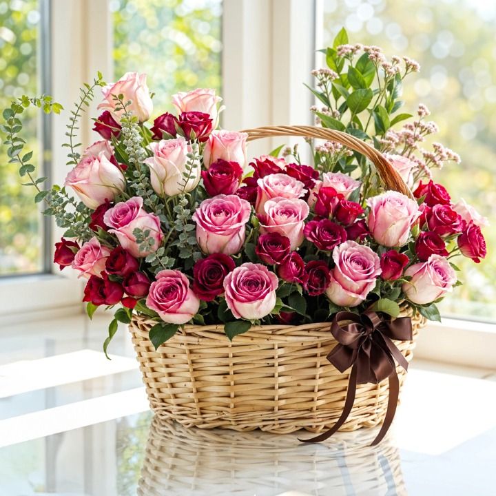 Pink Roses & Red Spray Roses Basket (Classic)