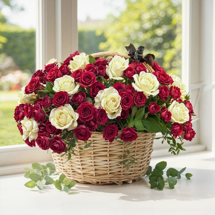 White & Red Rose Basket (Classic)