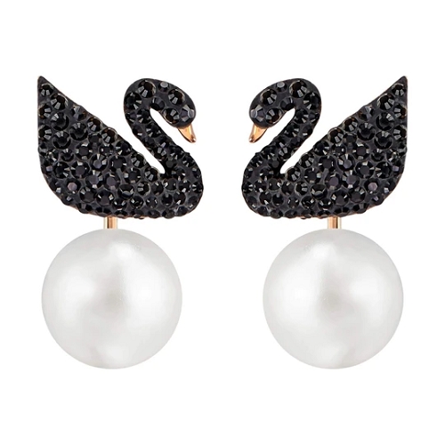 ICONIC SWAN PIERCED EARRING JACKETS, BLACK, ROSE GOLD PLATING