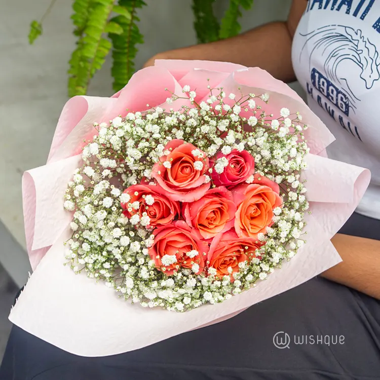 Coral Charm Baby’s Breath Crown Bouquet