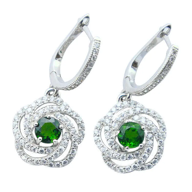 Crome Diopside & White Topaz Silver Earrings