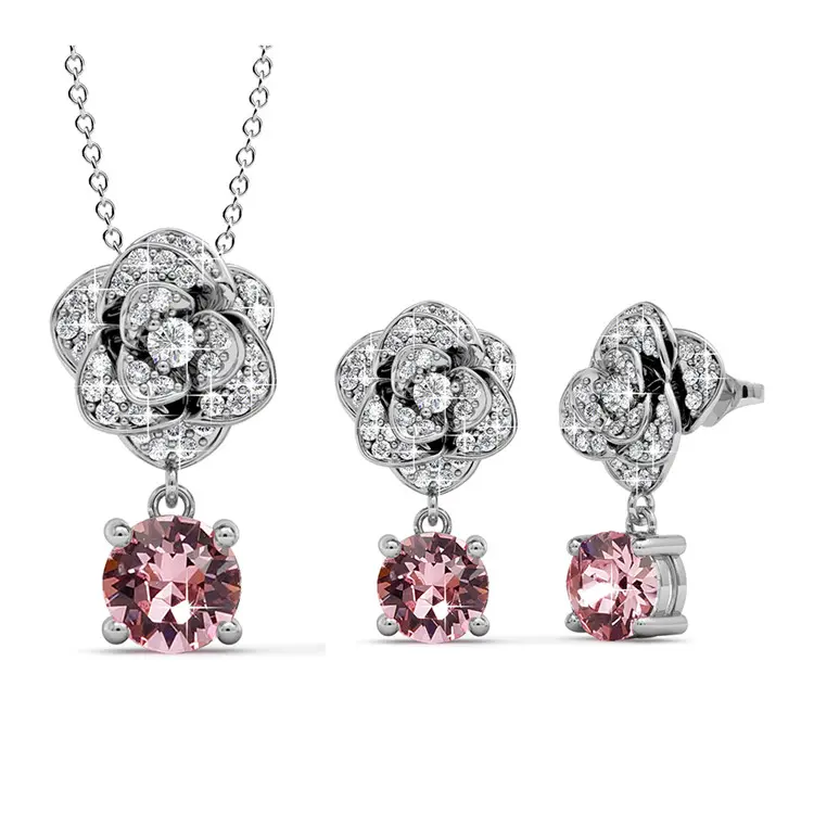 Sparkling Rose Pendant And Earring Set With Cloe Crystals White-Gold Plated