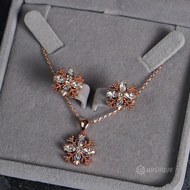 Crystal Flakes Pendant And Earrings Set With Cloe Crystals Rose Gold Plated