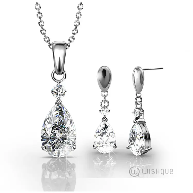 Dew Drop Pendant And Earrings Set With Cloe Crystals White-Gold Plated