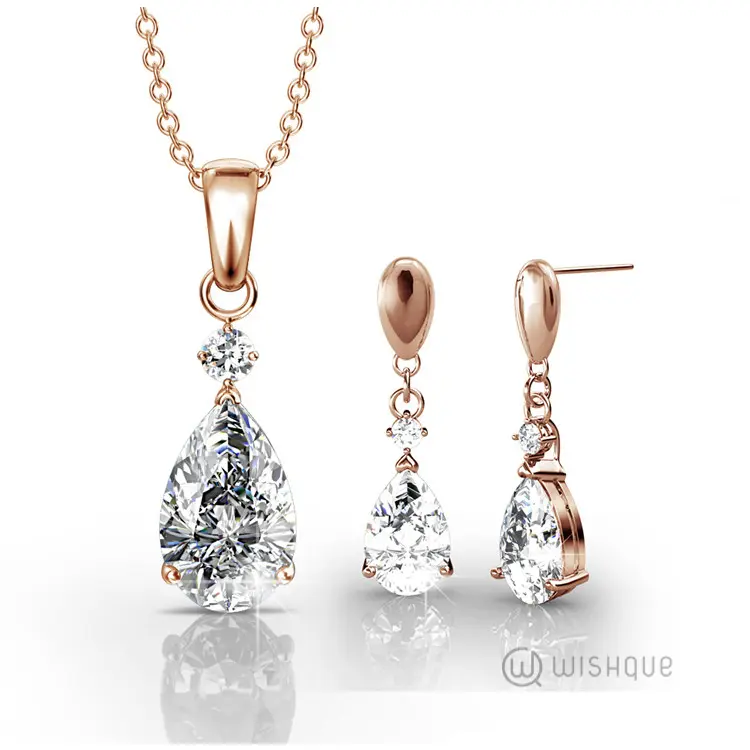 Dew Drop Pendant And Earrings Set With Cloe Crystals Rose-Gold Plated