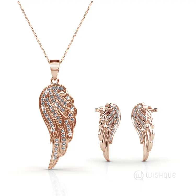 Angel Wings Pendant And Earrings Set With Cloe Crystals Rose-Gold Plated