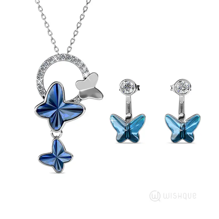 Symbolic Butterfly Pendant And Earring Set Cloe Crystals White-Gold Plated