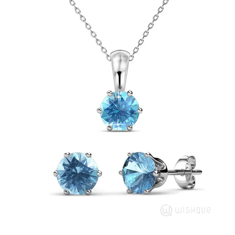 Aquamarine Birthstone Pendant And Earrings Set With Cloe Crystals