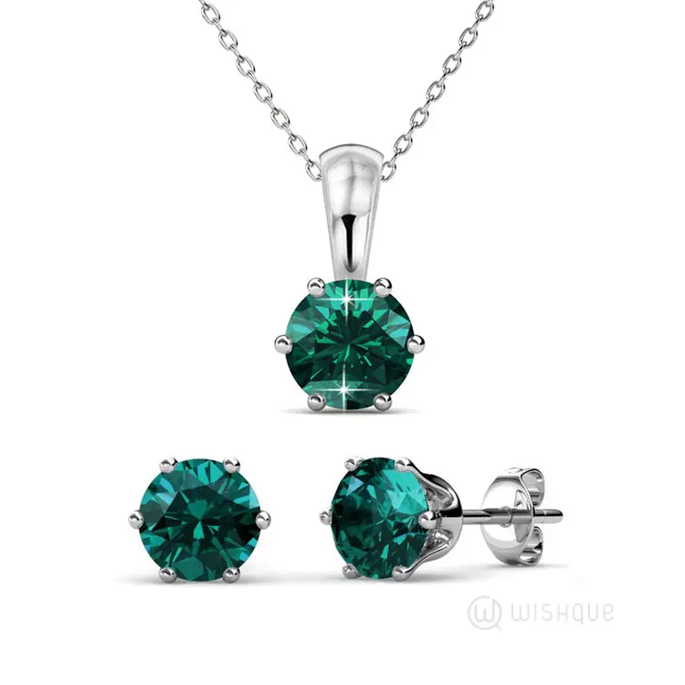 Emerald Birthstone Pendant And Earrings Set With Cloe Crystals