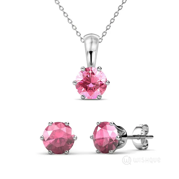 Pink Tourmaline Birthstone Pendant And Earrings Set With Cloe Crystals