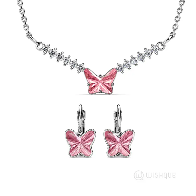 Pink Butterfly Pendant And Earring Set With Cloe Crystals White-Gold Plated
