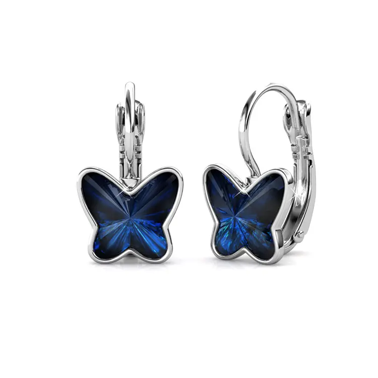 Blue Butterfly Hoop Earrings With Cloe Crystals White-Gold Plated