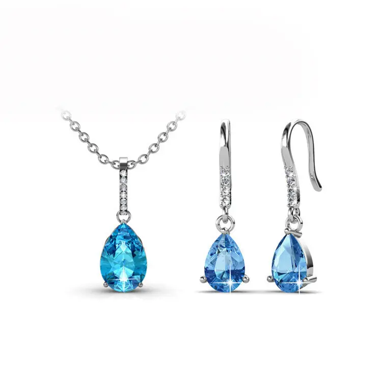 Water Drop Pendant And Earrings Set With Cloe Crystals White-Gold Plated