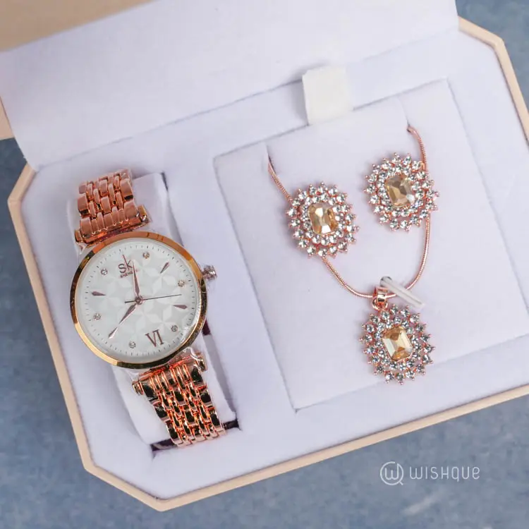 IBSO Ladies Stainless Steel Diamond Art Quartz Rose Gold Watch And Jewelry Set