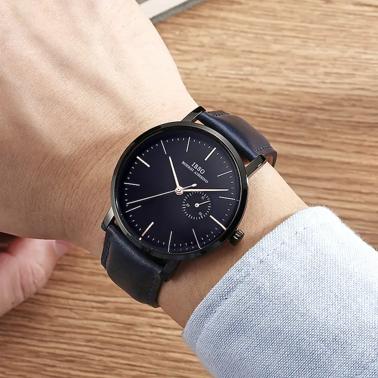 IBSO Quartz Men's Navy Blue Leather Watch-8816G-Navy Blue
