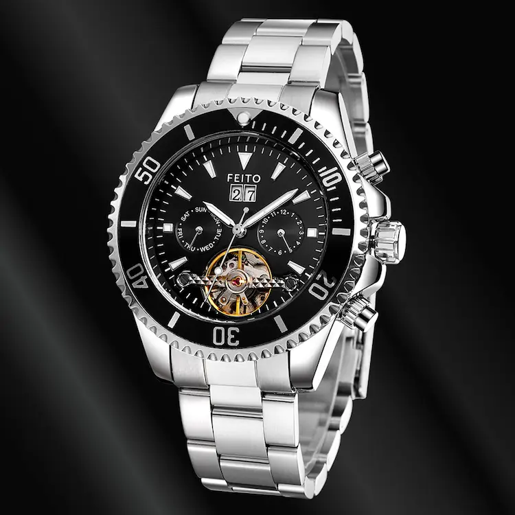 FEITO Men's Mechanical Silver Black Stainless Steel Watch A8828GSilverBlack