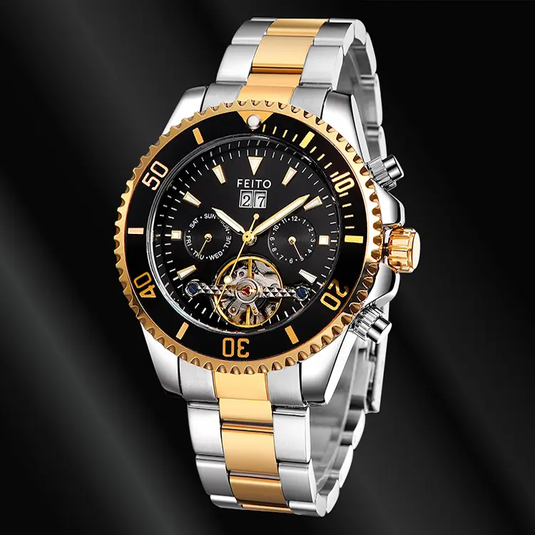 FEITO Men's Mechanical Silver Brown Stainless Steel Watch A8828GSilverBlack