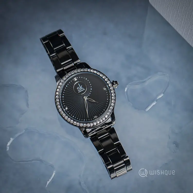 SK SHENGKE Women's Stainless Steel Stones Quartz Wristwatch Black K0111L01