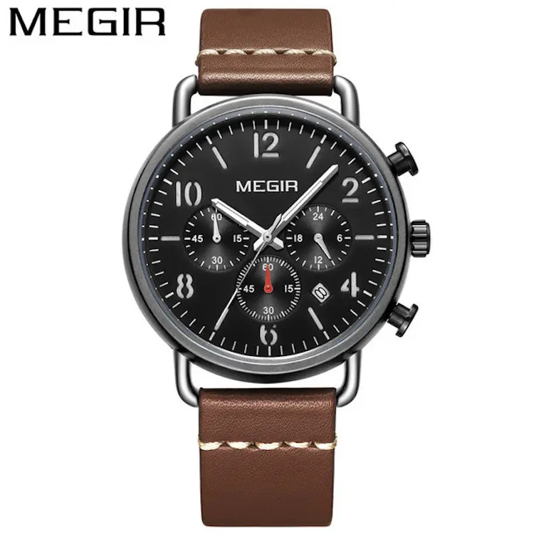 MEGIR Chronograph Luxury Fashion Leather Quartz Casual Watch for Men-2158G