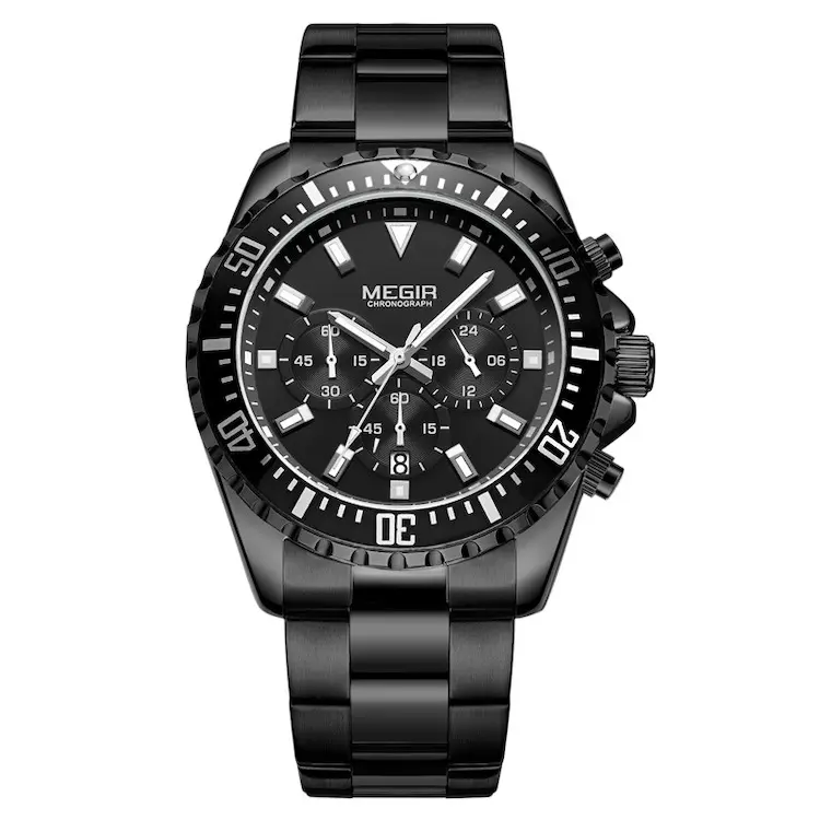 MEGIR Chronograph Men's Business Quartz Watch Stainless Steel All Black-MS2064G