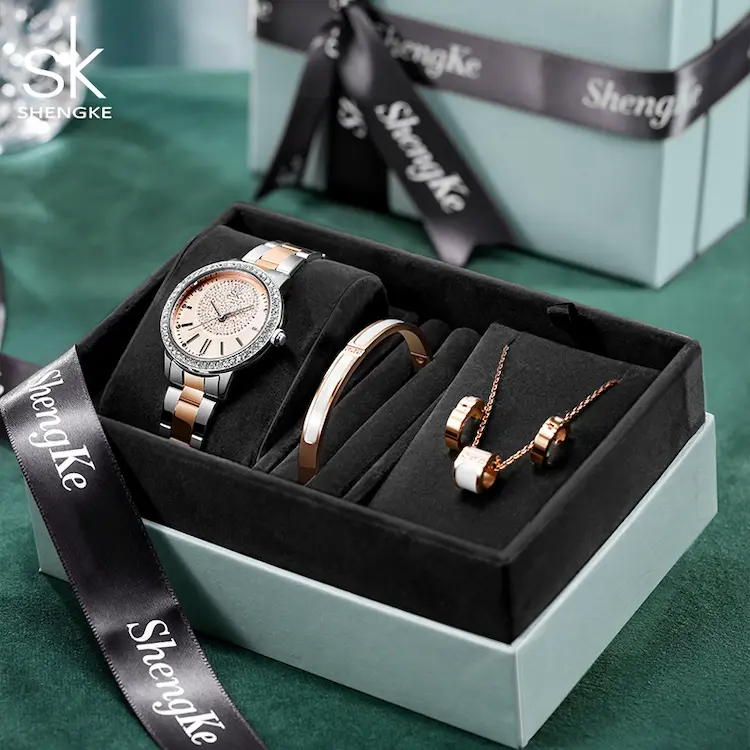 SK SHENGKE Women’s Pearl Design Two Tone Watch And Jewelry Gift Set-4 Pcs SK0090