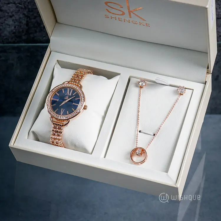 SK SHENGKE Women’s Blue Dial Stones Watch And Jewelry Gift Set-3 Pcs SK0089