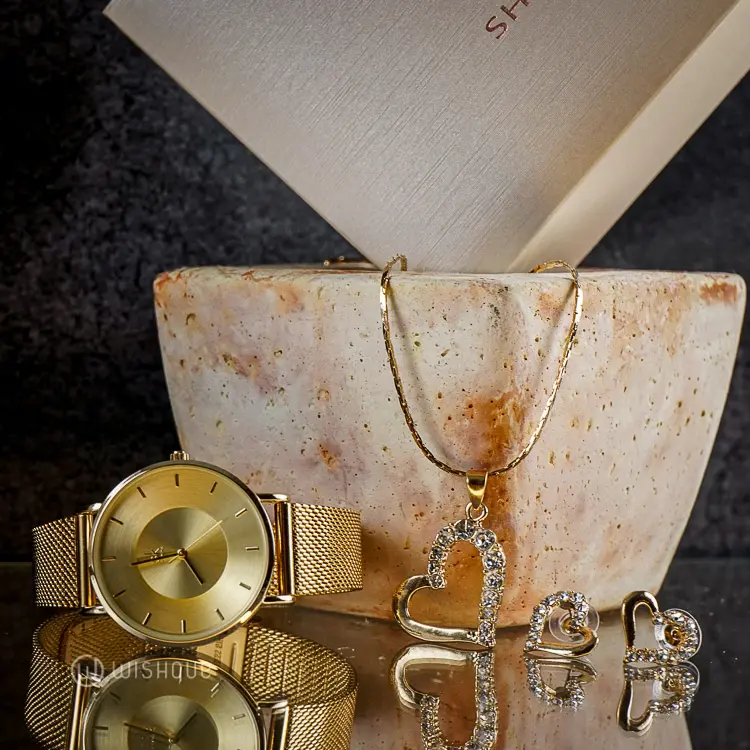 SK SHENGKE Women’s Quartz Gold Tone Heart Design Jewelry Gift Set SK0059