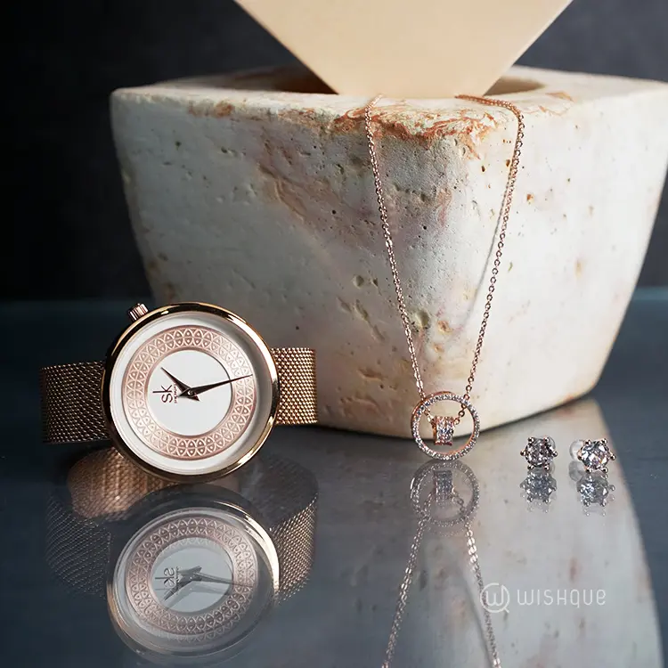 SK SHENGKE Ladies Stainless Steel Charm Crystal Rose Gold Jewellery Set RG3628