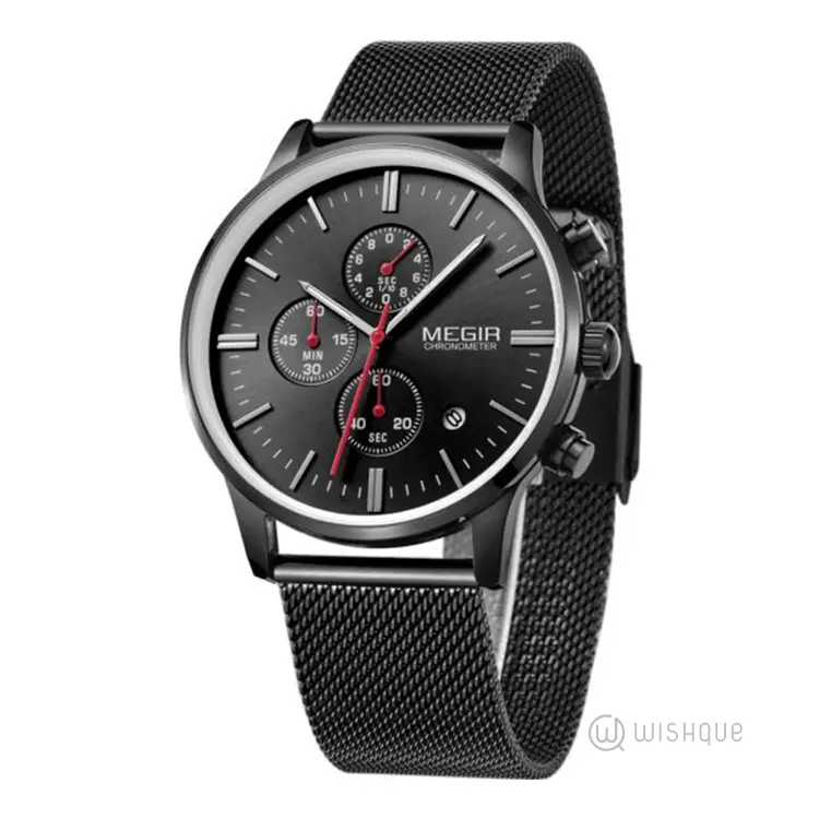 MEGIR Black Date Quartz Chronograph Stainless Steel Men's Watch MS2011G-BK-1