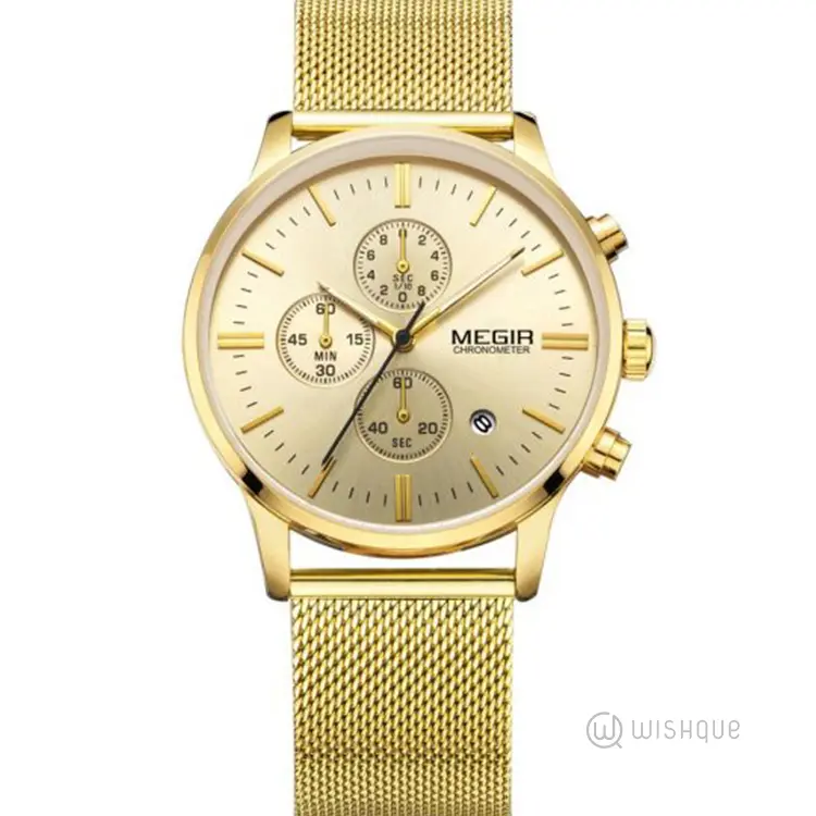 MEGIR Chronograph Stainless Steel Waterproof Men's Gold Watch MS2011GGD-3N3