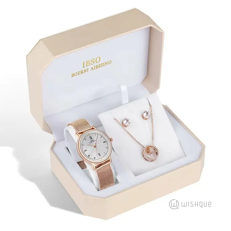IBSO Women Luxury Quartz Rose Gold Watch And Jewellery Set 3639-1