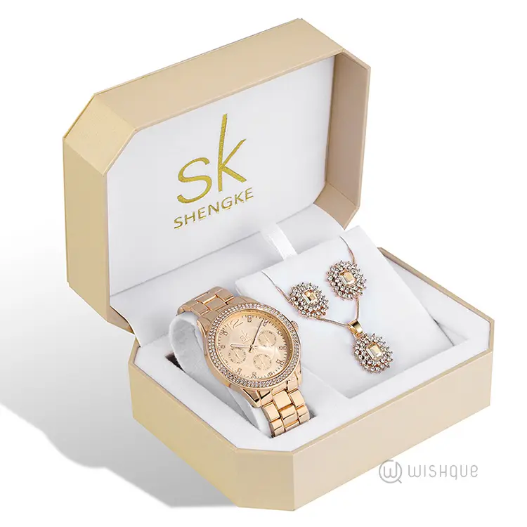 SK SHENGKE Ladies Stainless Steel Studded Stones Rose Gold Jewellery Set SK0154