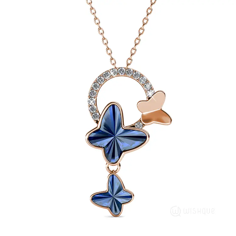 Blue Butterfly Stone Pendant With Cloe Crystals Rose - Gold Plated