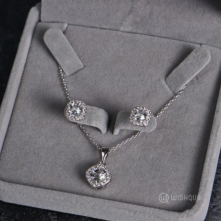 Diamond Crystal Pendant And Earrings Set With Cloe Crystals White-Gold Plated