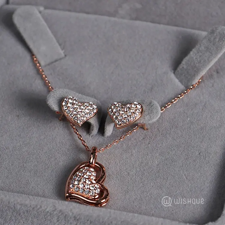 Sweet Heart Pendant And Earrings Set With Cloe Crystals Rose-Gold Plated