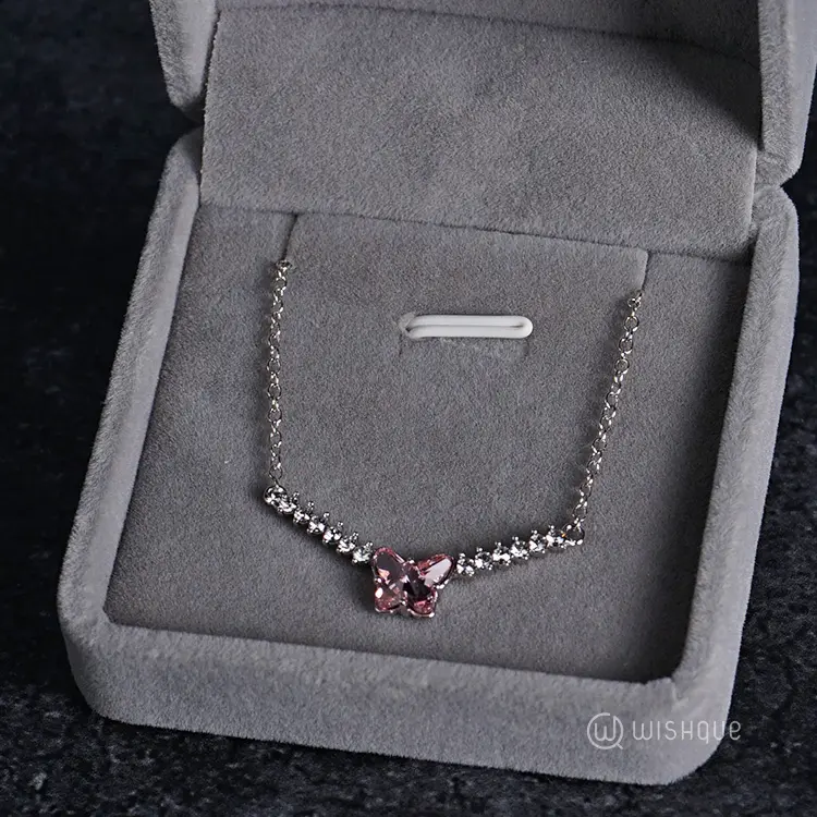 Pink Butterfly Pendant With Cloe Crystals White-Gold Plated