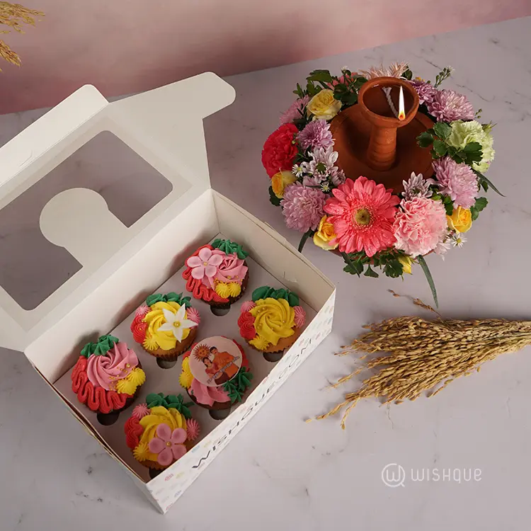 Traditional Clay Lamp Pot Fresh Flowers With Cupcake Box of 6