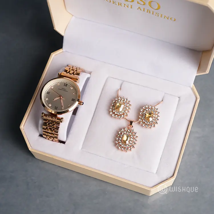 IBSO Ladies Quartz Stainless Steel Rose Gold Jewelry Gift Set