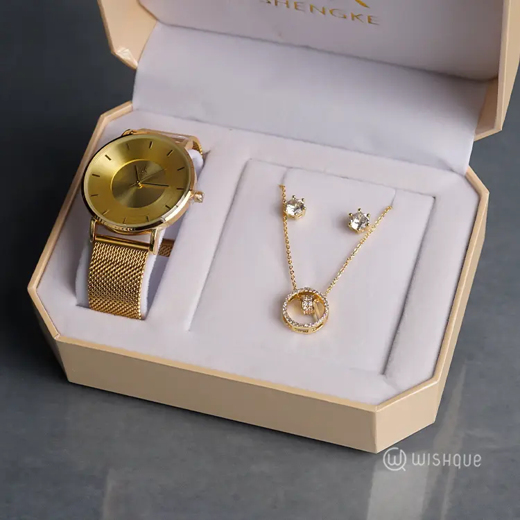 SK SHENGKE Ladies Stainless Steel Gold Watch And Jewellery Set