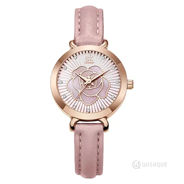 SK SHENGKE Rose Gold Plated Floral Embellished Leather Straps Watch -K0148L02