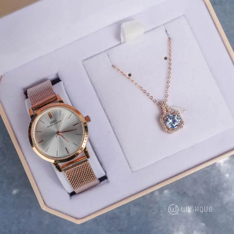 IBSO Ladies Quartz Rose Gold Watch and Necklace
