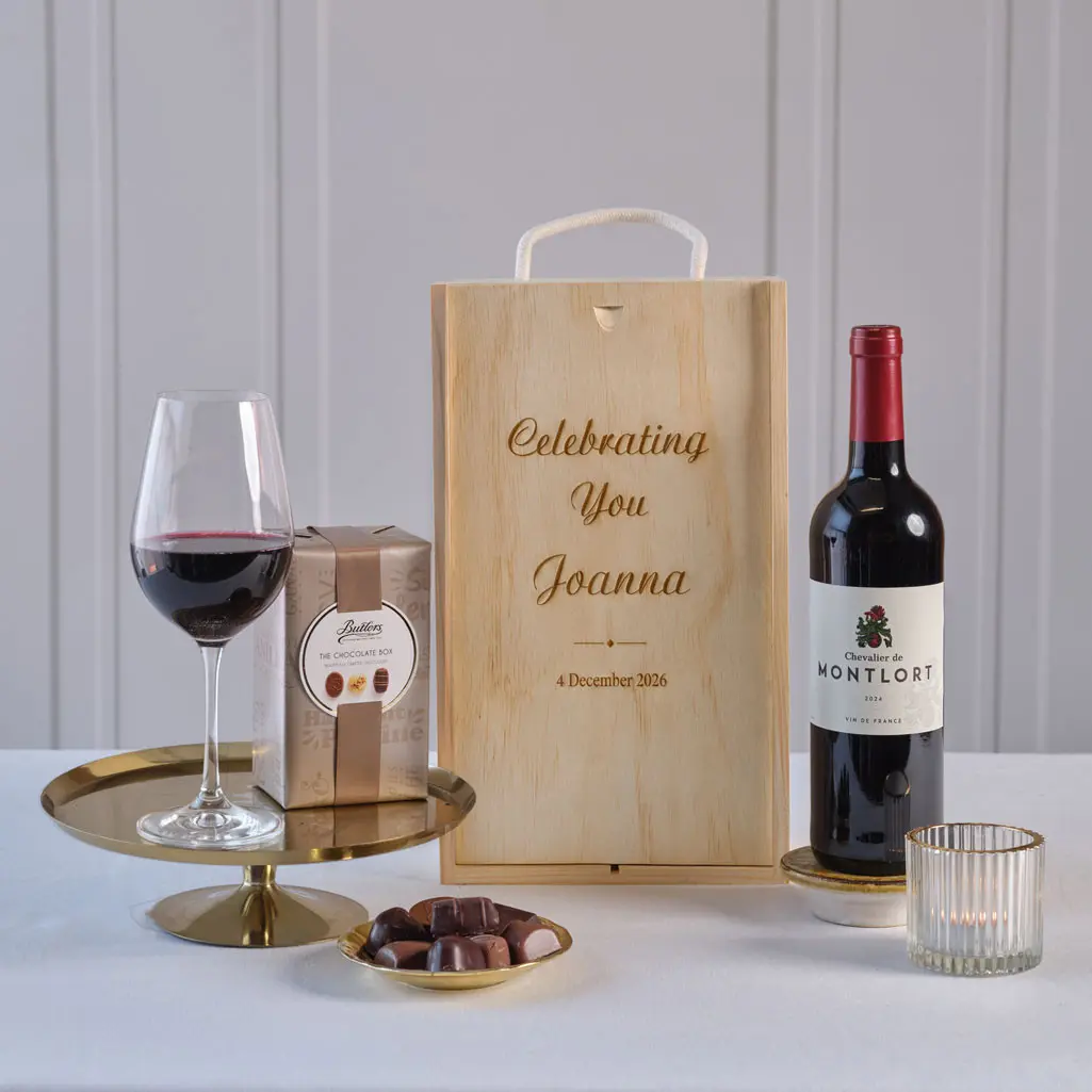 Celebrating You Red Wine & Chocolates with Personalised Wooden Gift Box