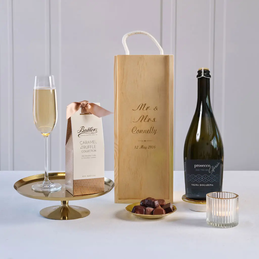 Mr & Mrs Prosecco & Chocs in Personalised Wooden Box