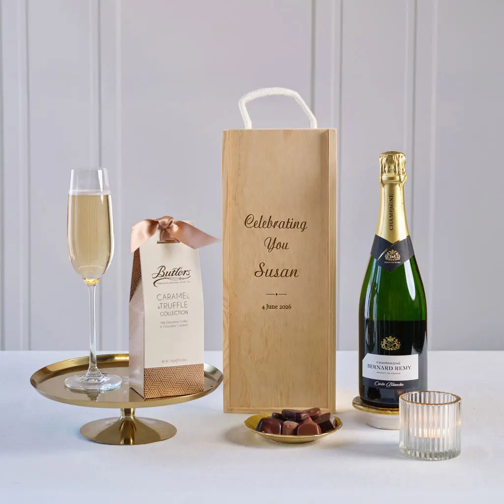 Celebrating You Champagne & Chocs in Personalised Wooden Box