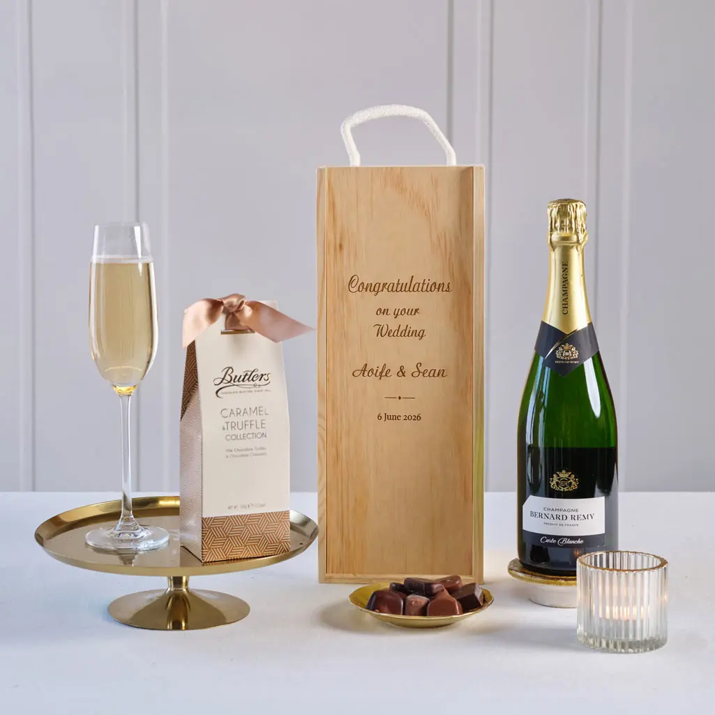 Congrats on your Wedding Champagne & Chocs in Personalised Wooden Box