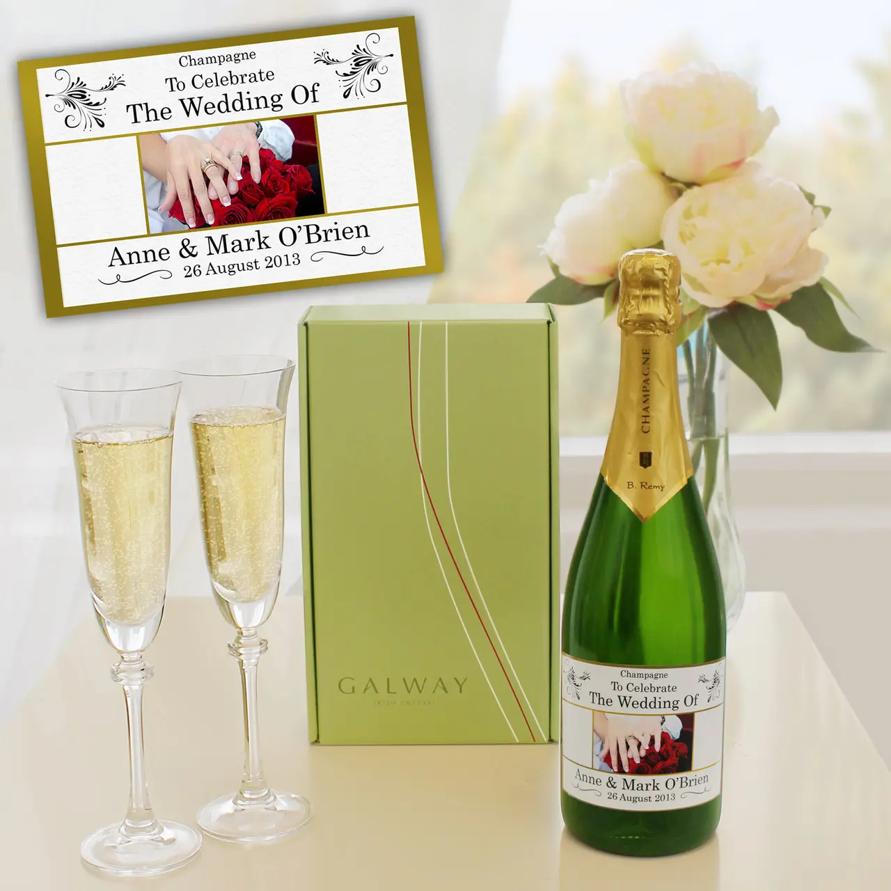 Personalised Wedding Champagne & Galway Crystal Flutes