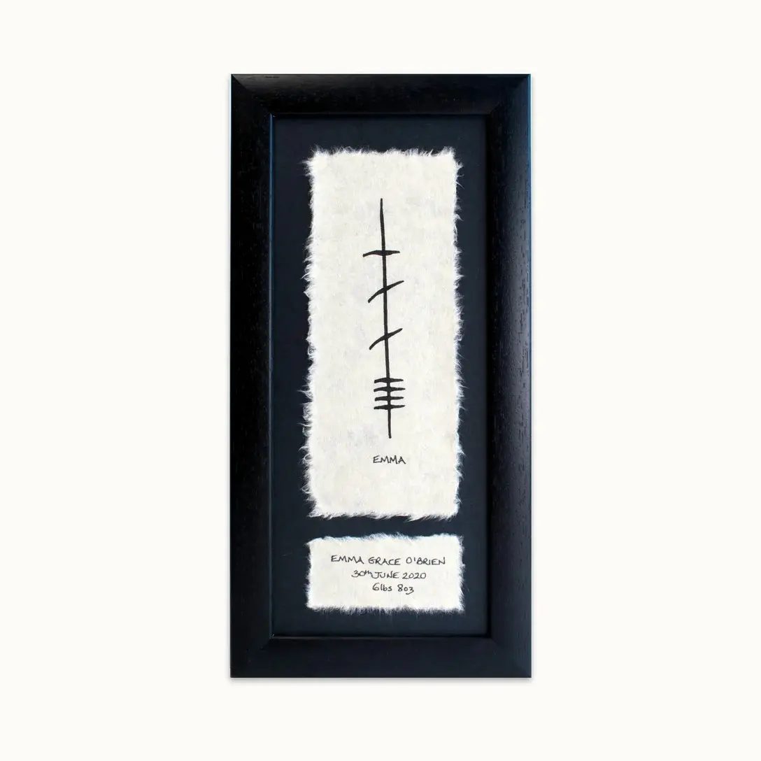Personalised Framed Ogham Baby Name Date Weight