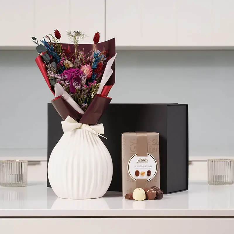Plum Everblooms Bouquet & Chocolates Gift