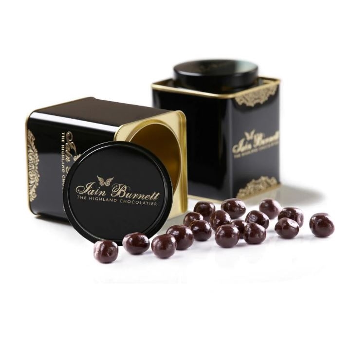 DECORATIVE TIN OF COFFEE BEANS IN DARK CHOCOLATE