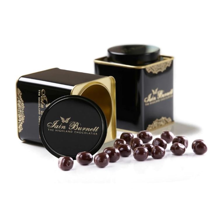 DECORATIVE TIN OF CRYSTALLISED GINGER IN DARK CHOCOLATE